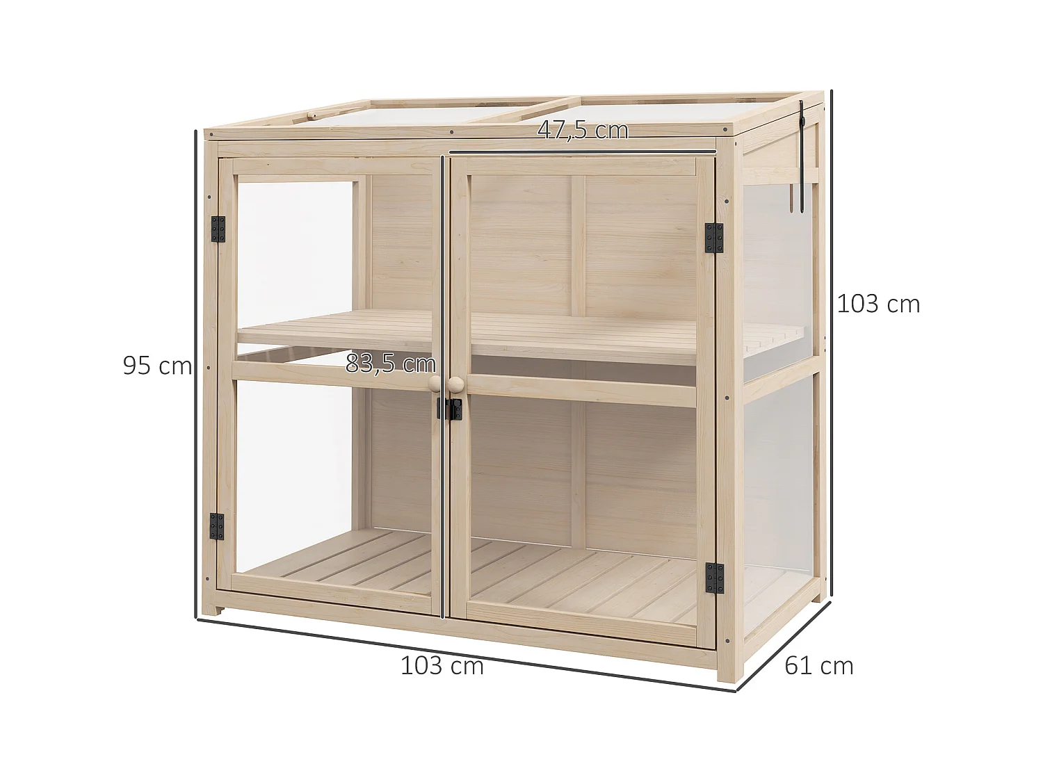 Serra da giardino in legno con doppia porta e lucernario, 2 piani, naturale (103x61x103 cm)