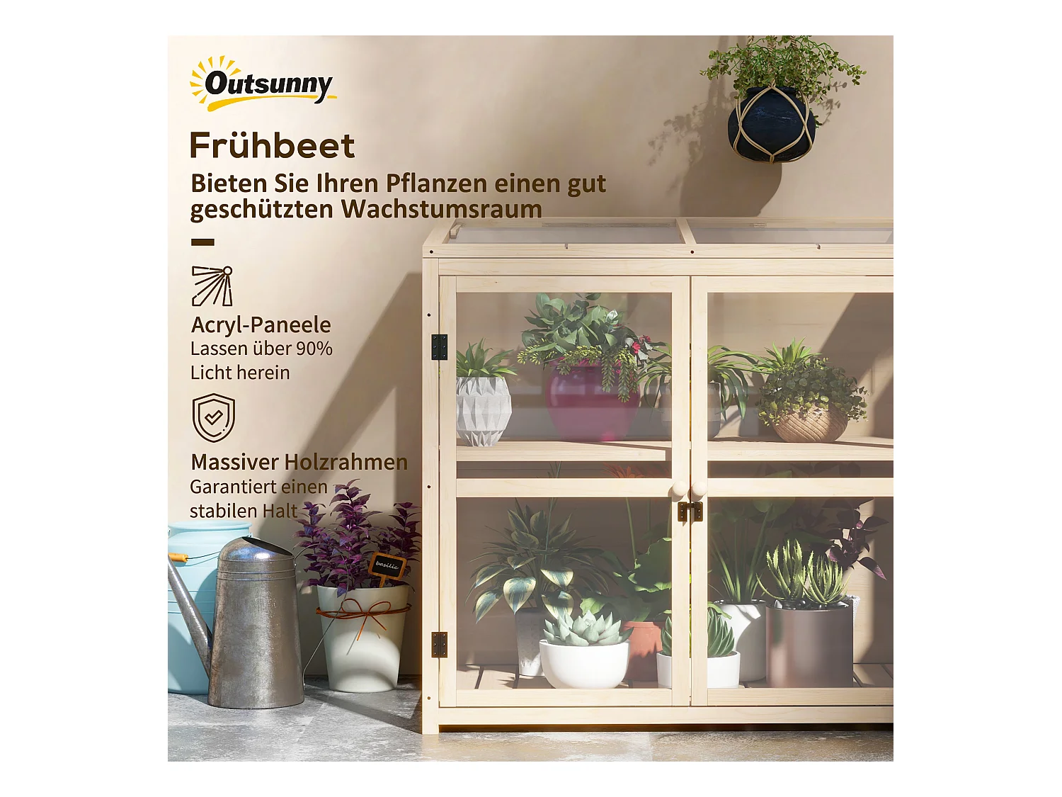 Serra da giardino in legno con doppia porta e lucernario, 2 piani, naturale (103x61x103 cm)