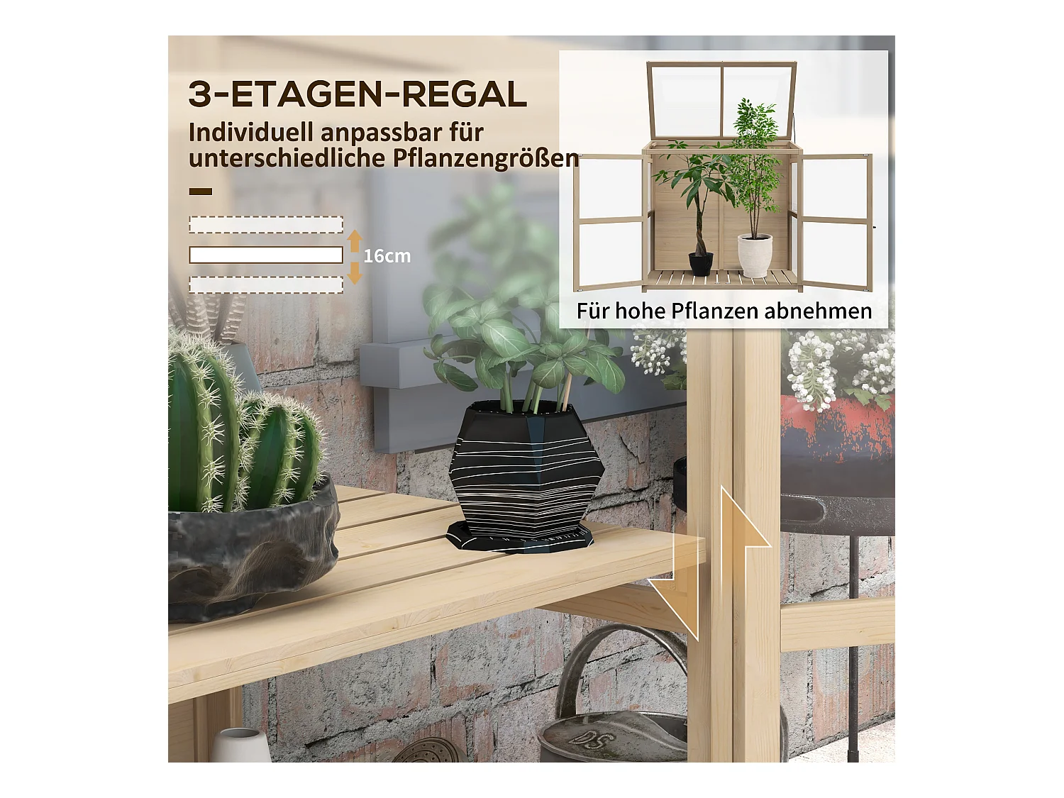 Serra da giardino in legno con doppia porta e lucernario, 2 piani, naturale (103x61x103 cm)