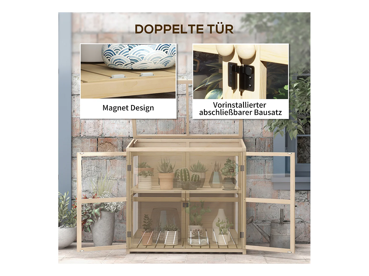 Serra da giardino in legno con doppia porta e lucernario, 2 piani, naturale (103x61x103 cm)