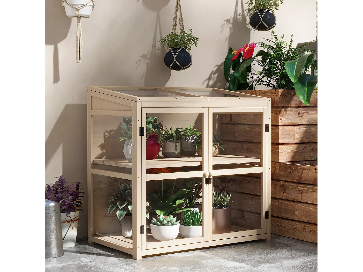 Houten tuinkas met dubbele deur en dakraam, 2 verdiepingen, naturel (103x61x103 cm)