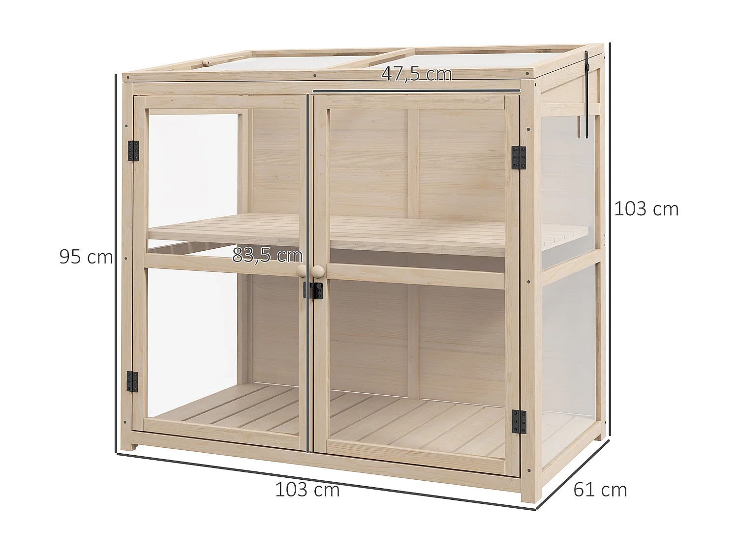 Houten tuinkas met dubbele deur en dakraam, 2 verdiepingen, naturel (103x61x103 cm)