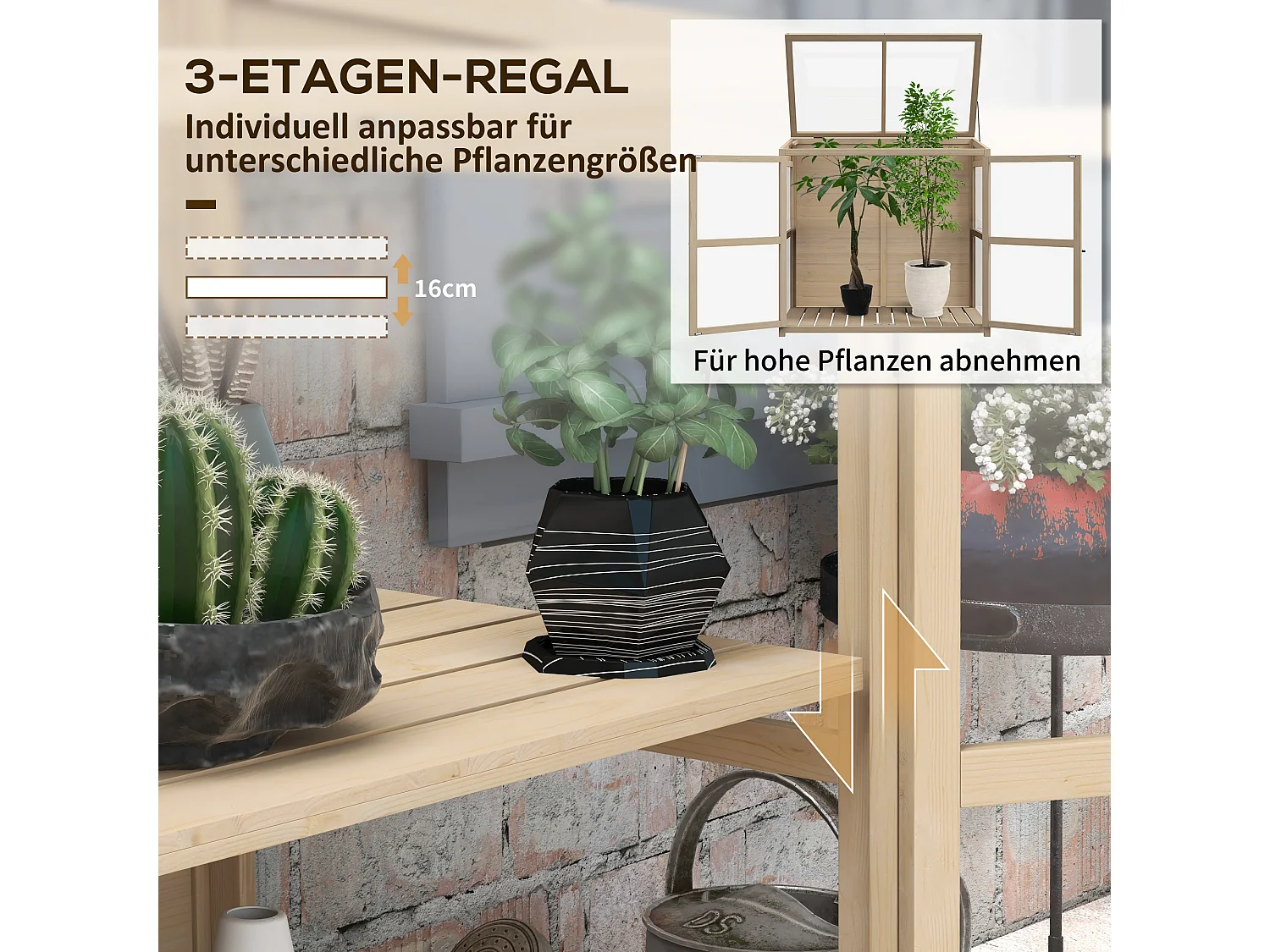 Houten tuinkas met dubbele deur en dakraam, 2 verdiepingen, naturel (103x61x103 cm)