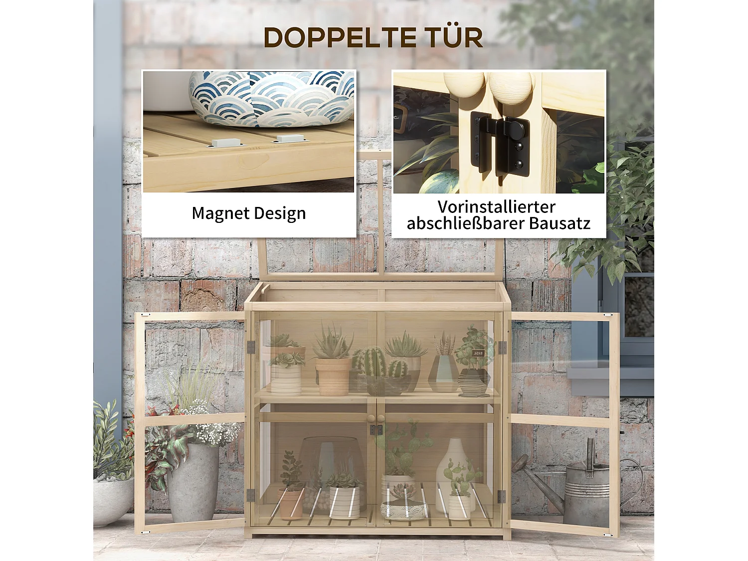 Houten tuinkas met dubbele deur en dakraam, 2 verdiepingen, naturel (103x61x103 cm)