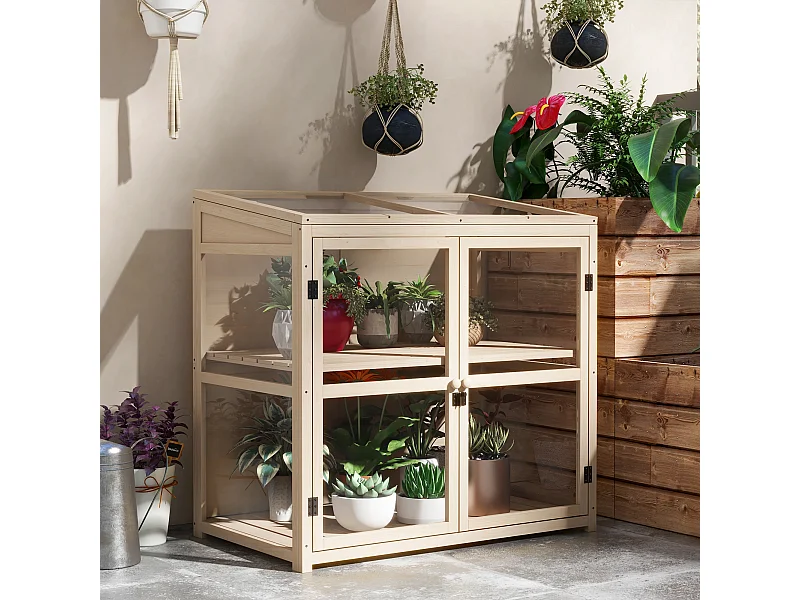 Serre de jardin en bois avec double porte et fenêtre de toit, 2 étages, naturelle (103x61x103 cm)