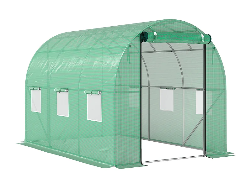 Serre tunnel résistante avec 6 fenêtres, porte roulante, toile renforcée, ancrages au sol, verte (300x200x195cm)