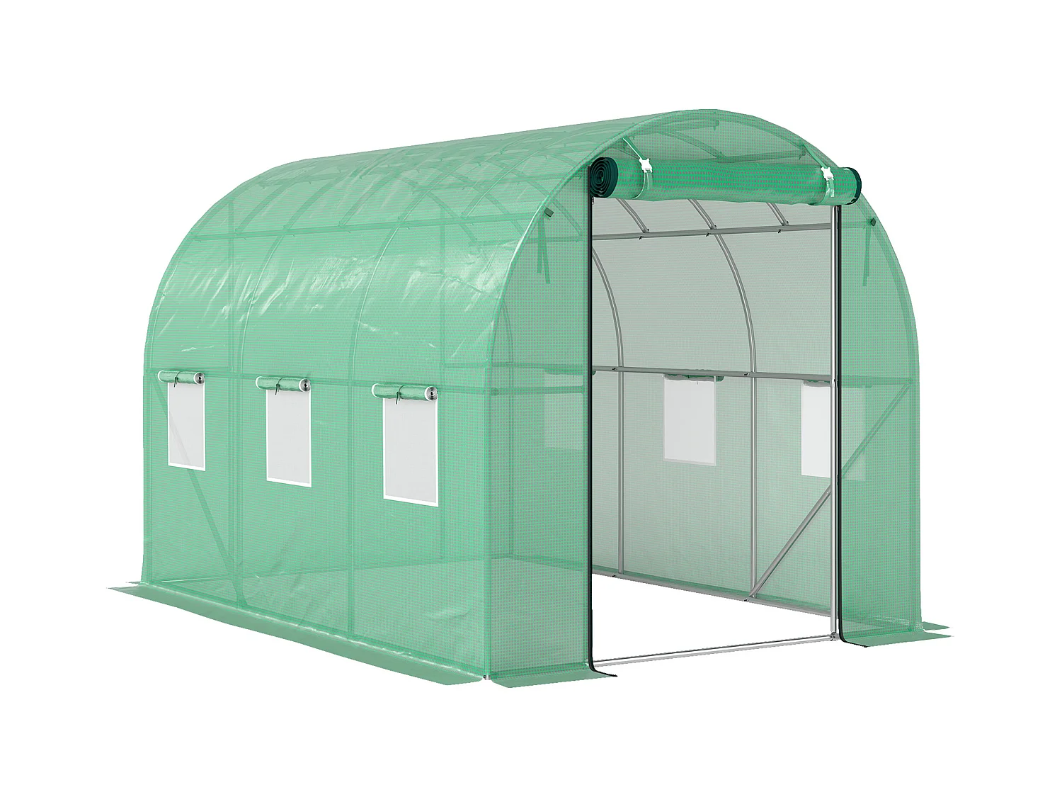 Robuuste tunnelkas met 6 ramen, roldeur, versterkt doek, grondankers, groen (300x200x195cm)