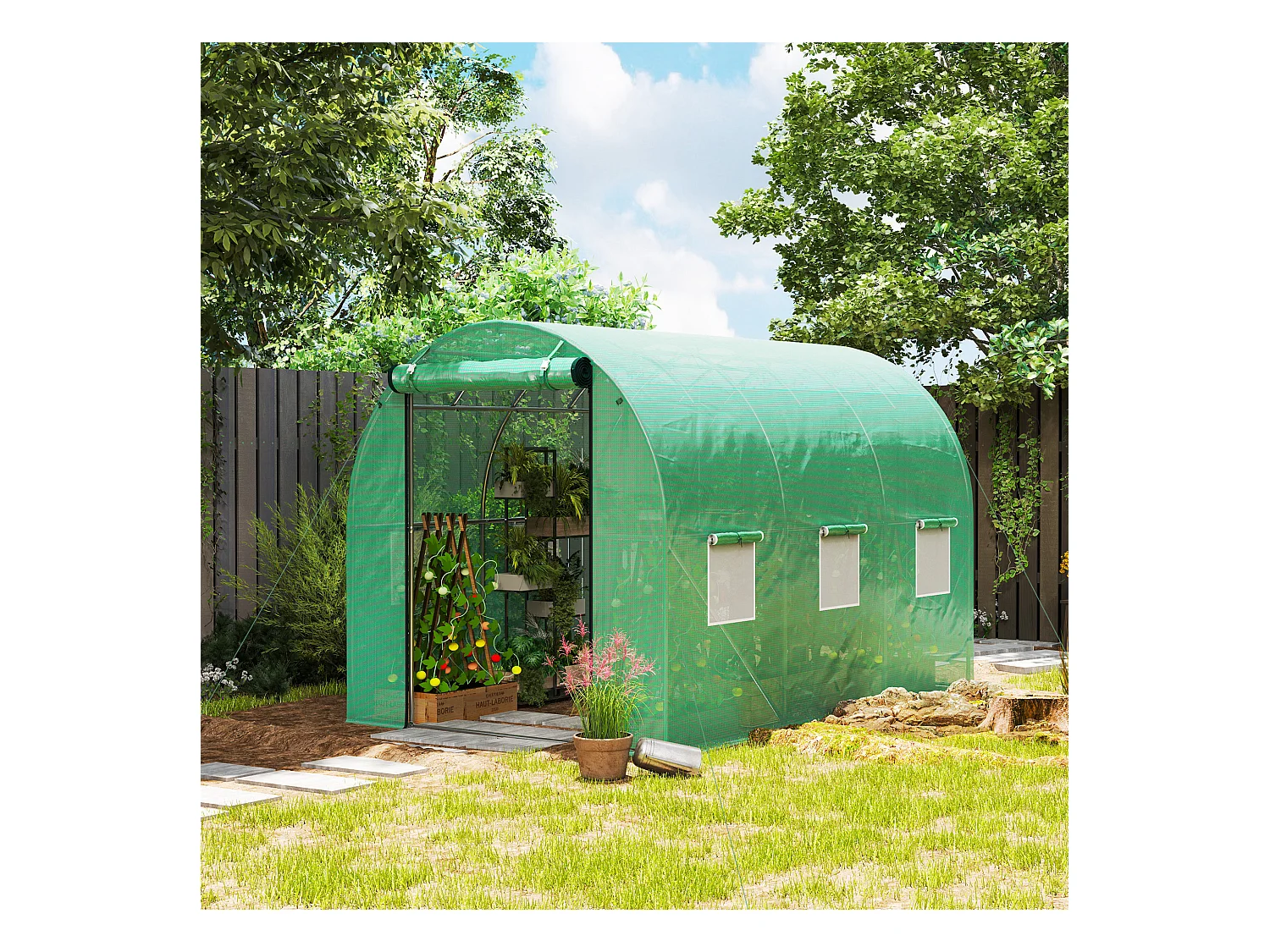 Robuuste tunnelkas met 6 ramen, roldeur, versterkt doek, grondankers, groen (300x200x195cm)