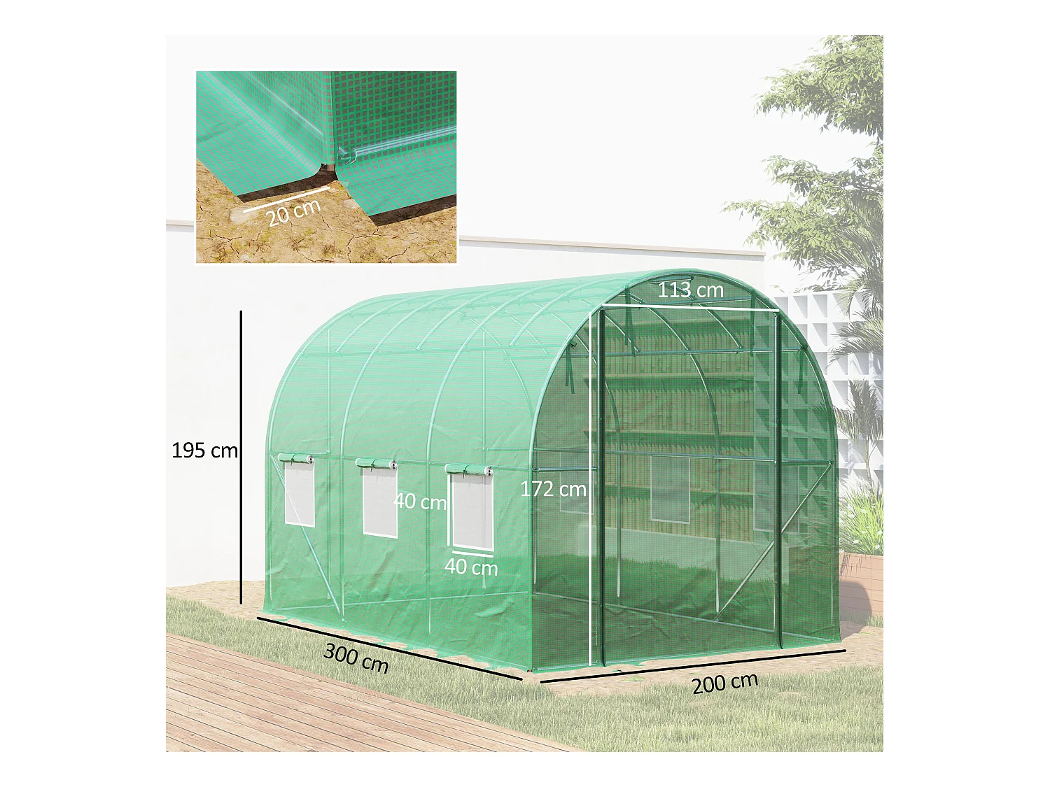 Robuuste tunnelkas met 6 ramen, roldeur, versterkt doek, grondankers, groen (300x200x195cm)