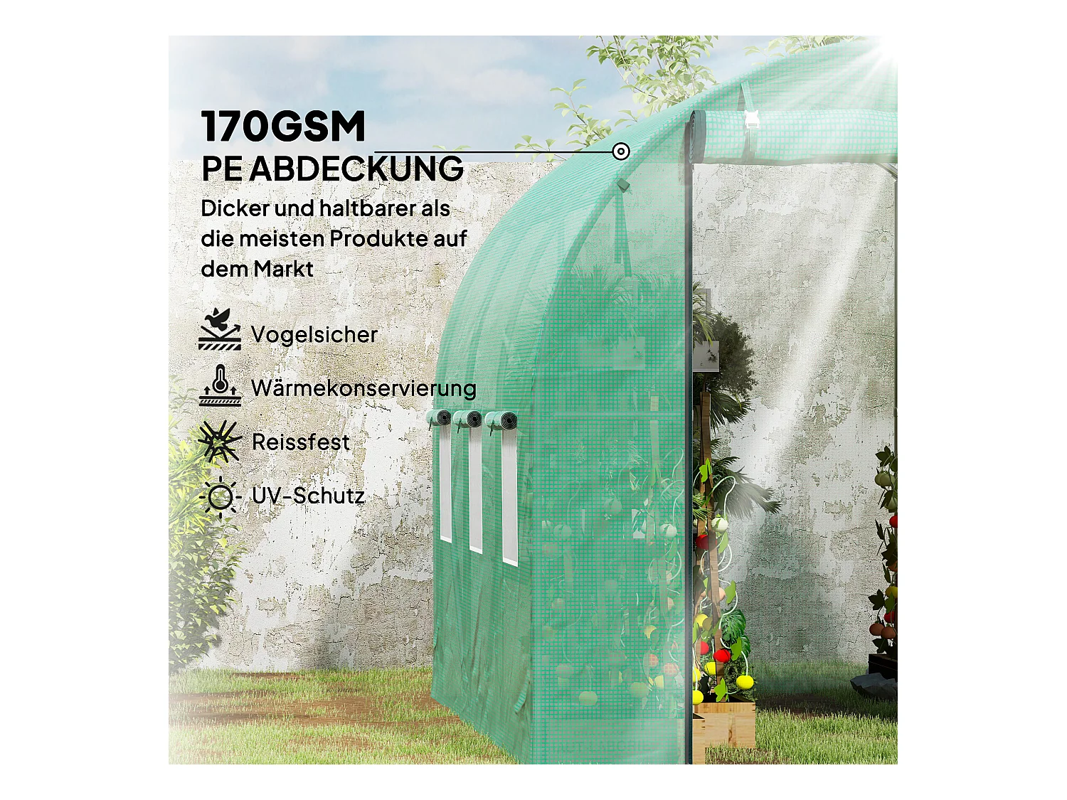 Robuuste tunnelkas met 6 ramen, roldeur, versterkt doek, grondankers, groen (300x200x195cm)