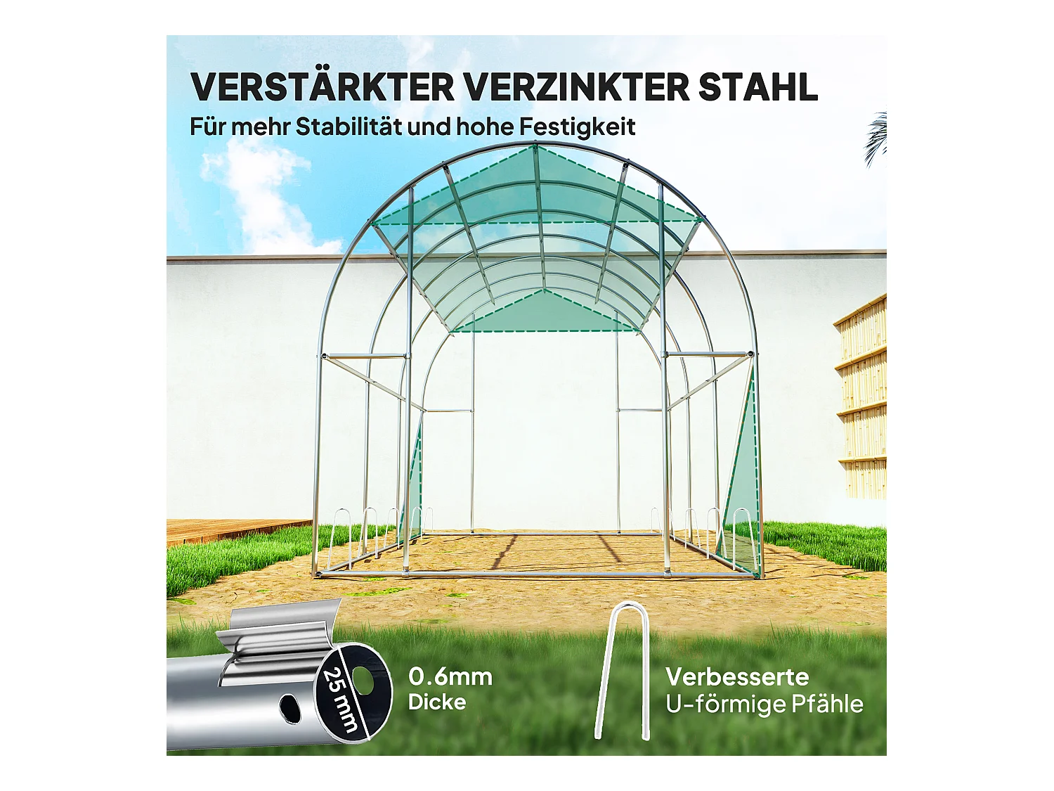 Robuuste tunnelkas met 6 ramen, roldeur, versterkt doek, grondankers, groen (300x200x195cm)