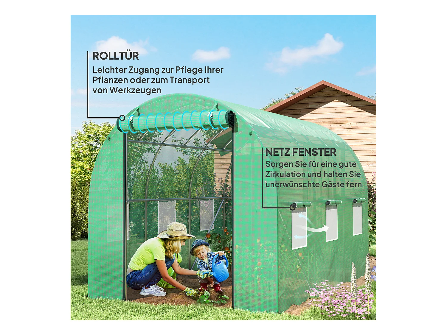 Robuuste tunnelkas met 6 ramen, roldeur, versterkt doek, grondankers, groen (300x200x195cm)