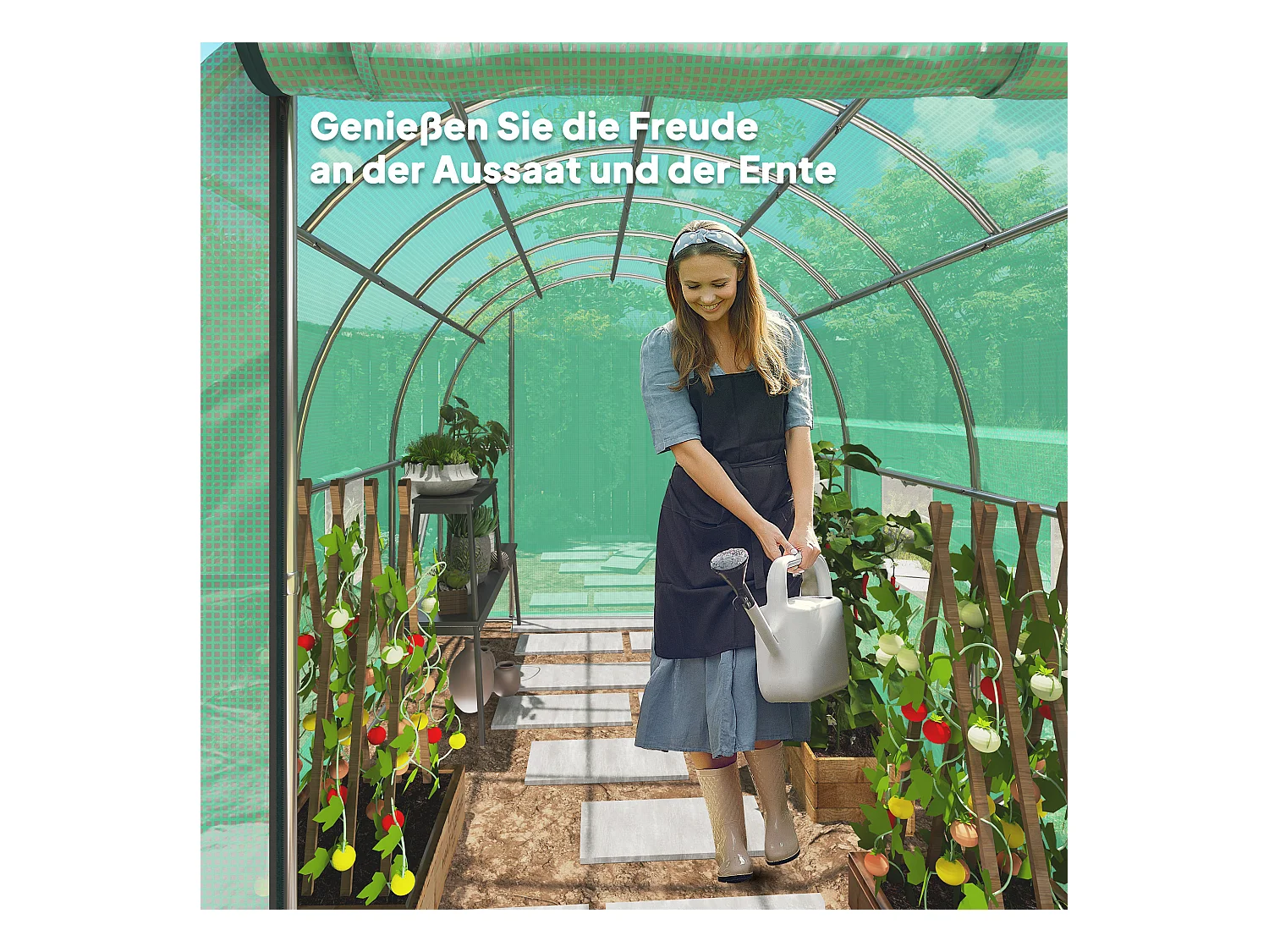 Robuuste tunnelkas met 6 ramen, roldeur, versterkt doek, grondankers, groen (300x200x195cm)