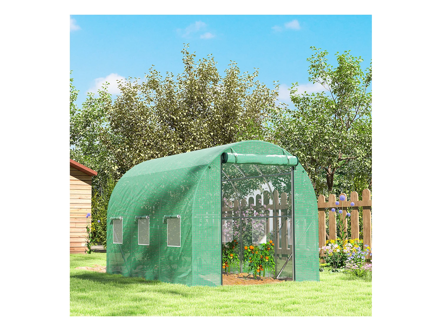 Robuuste tunnelkas met 6 ramen, roldeur, versterkt doek, grondankers, groen (300x200x195cm)