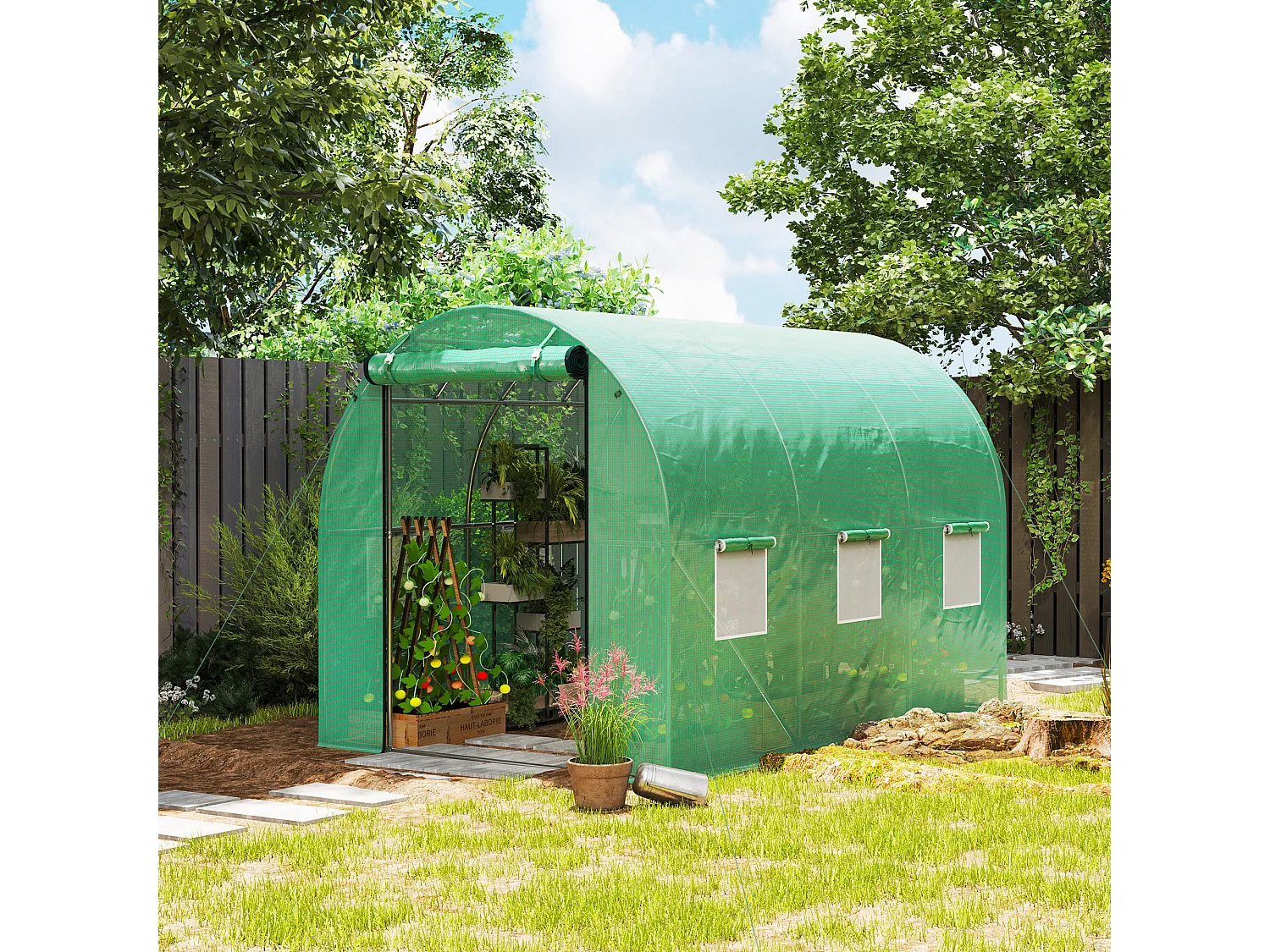 Serre tunnel résistante avec 6 fenêtres, porte roulante, toile renforcée, ancrages au sol, verte (300x200x195cm)