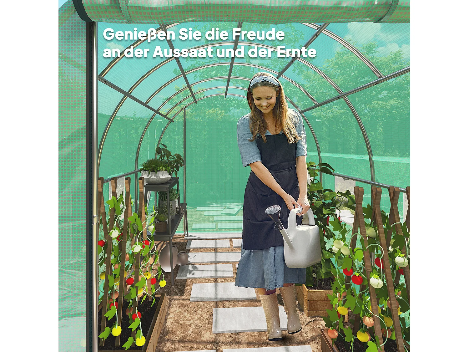 Serre tunnel résistante avec 6 fenêtres, porte roulante, toile renforcée, ancrages au sol, verte (300x200x195cm)