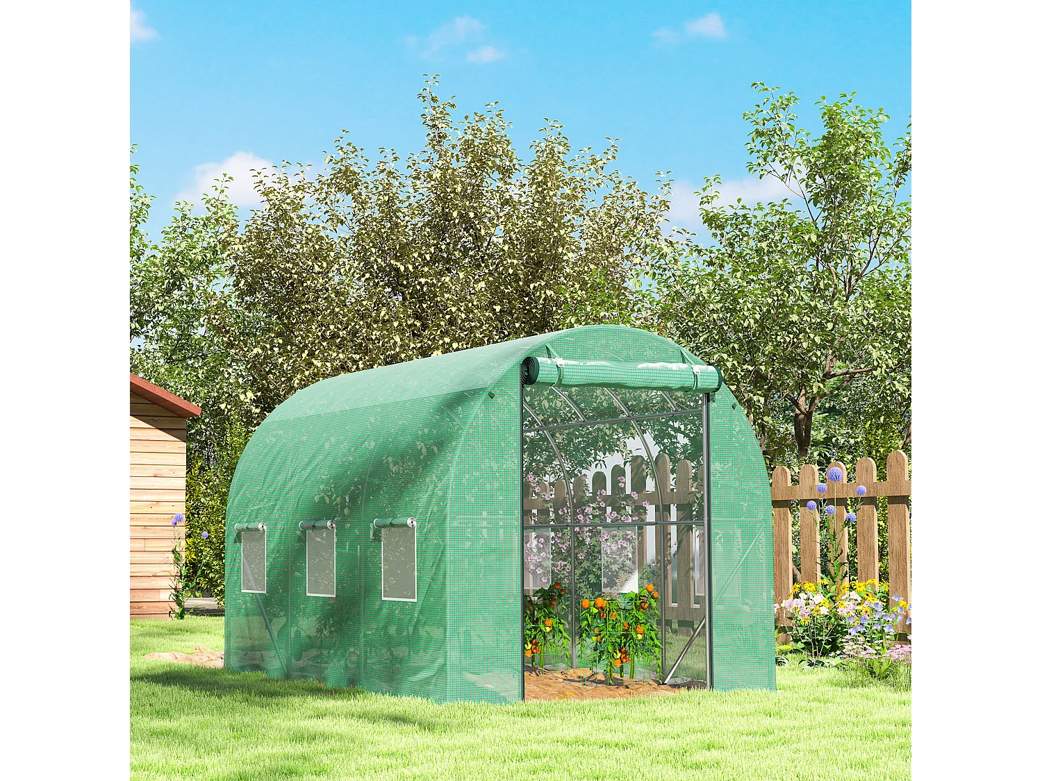 Serre tunnel résistante avec 6 fenêtres, porte roulante, toile renforcée, ancrages au sol, verte (300x200x195cm)