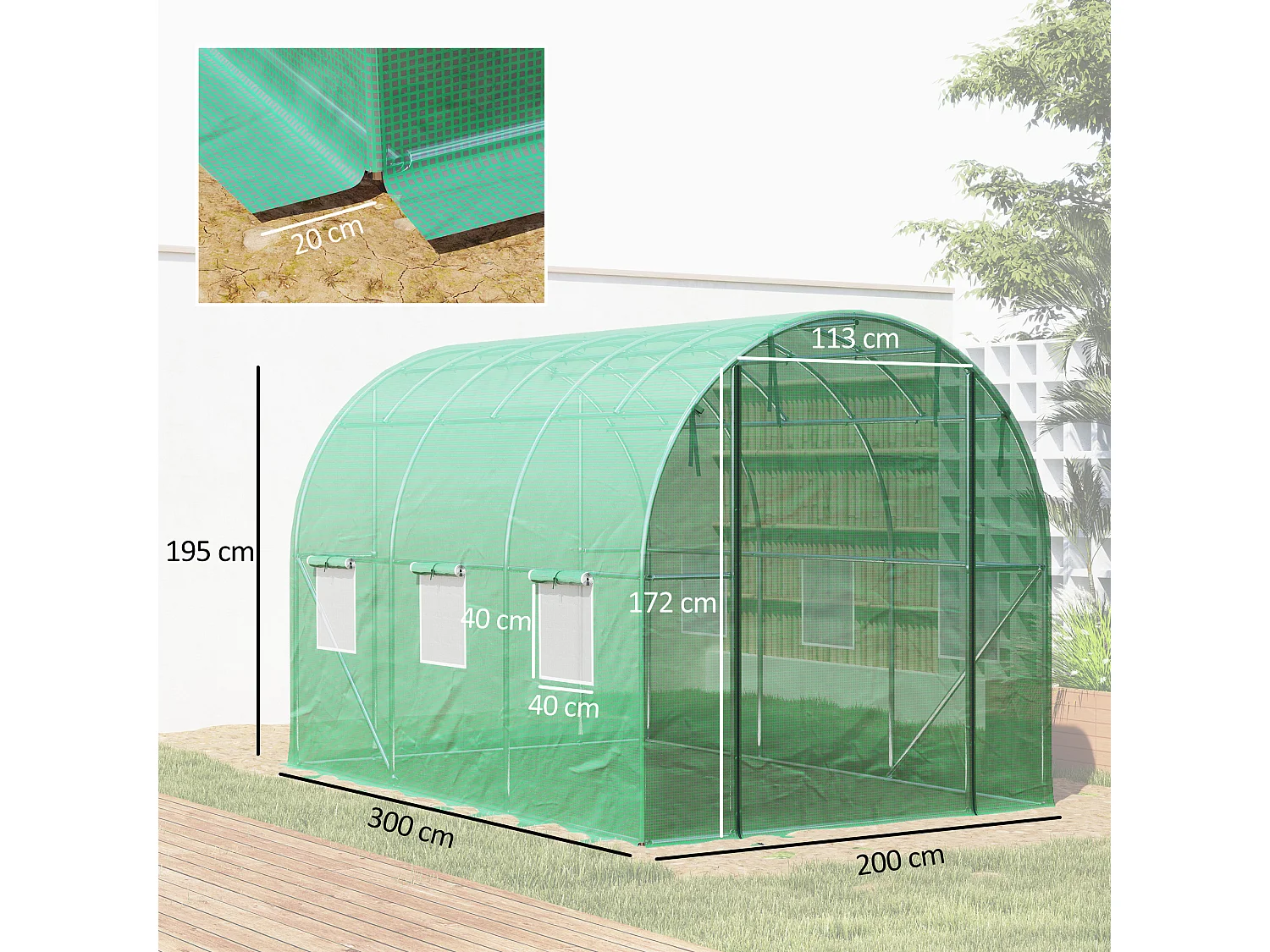 Serre tunnel résistante avec 6 fenêtres, porte roulante, toile renforcée, ancrages au sol, verte (300x200x195cm)