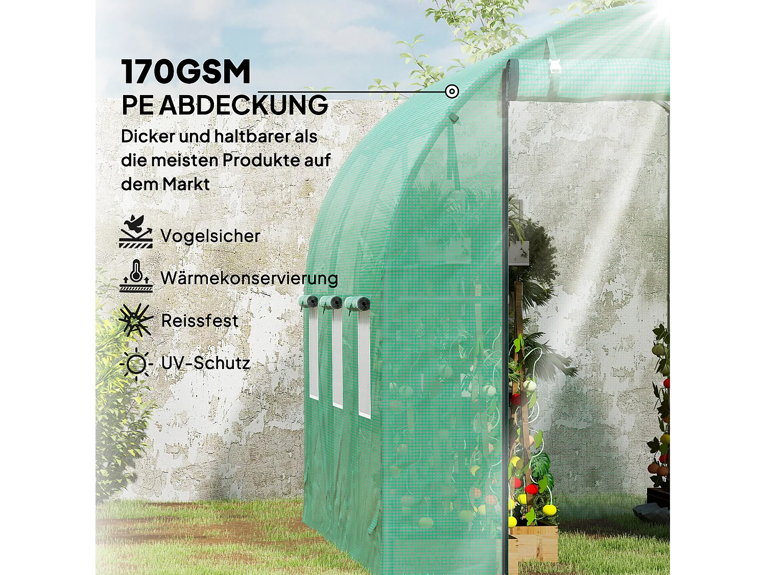 Serre tunnel résistante avec 6 fenêtres, porte roulante, toile renforcée, ancrages au sol, verte (300x200x195cm)