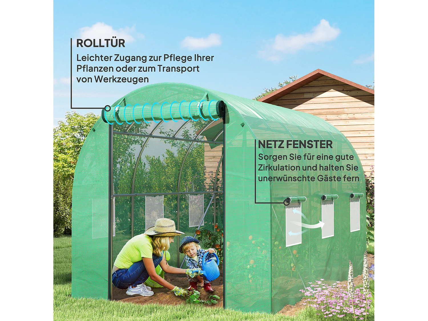 Serre tunnel résistante avec 6 fenêtres, porte roulante, toile renforcée, ancrages au sol, verte (300x200x195cm)