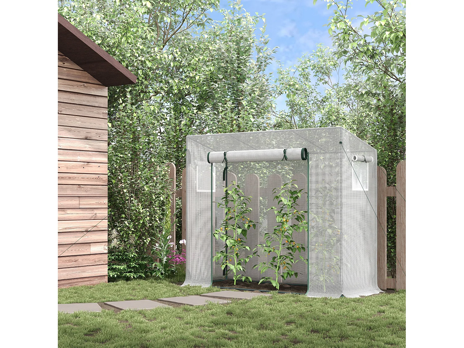 Serre de jardin avec bâche, cadre acier, blanche, avec porte roulante et fenêtre latérale (200x76x168cm)
