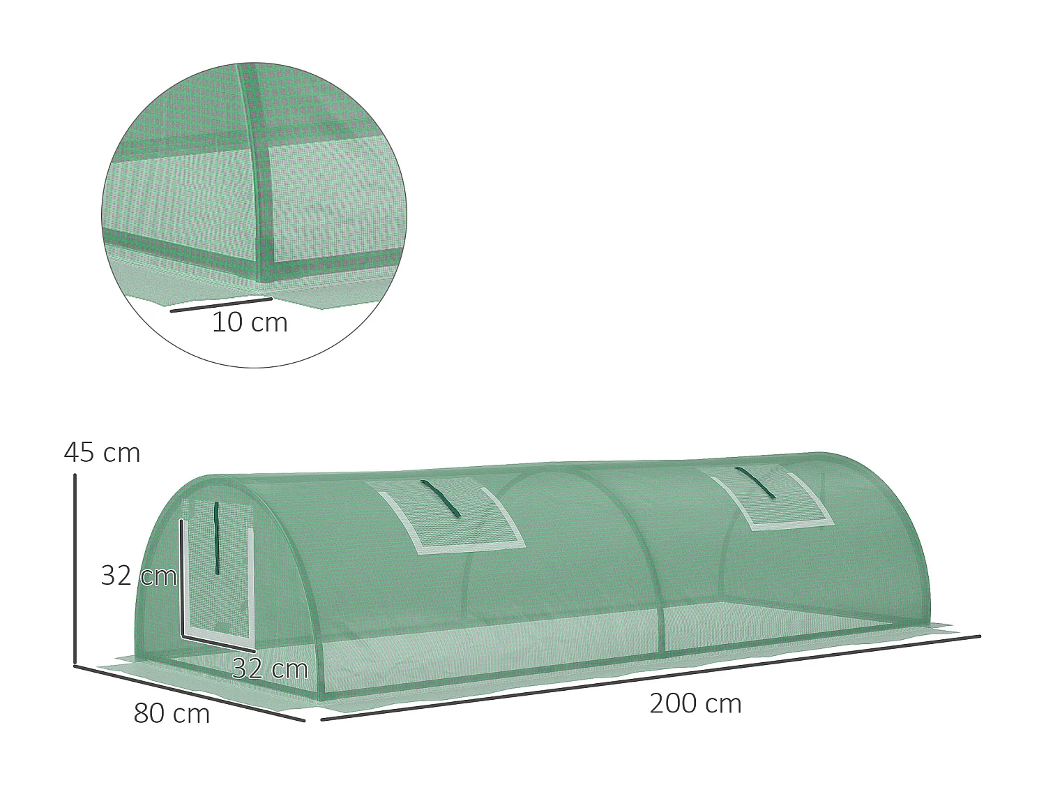 Mini tunnelkas, PE-afdekking met gaasvensters, UV-bestendig, groen (200x80x45 cm)