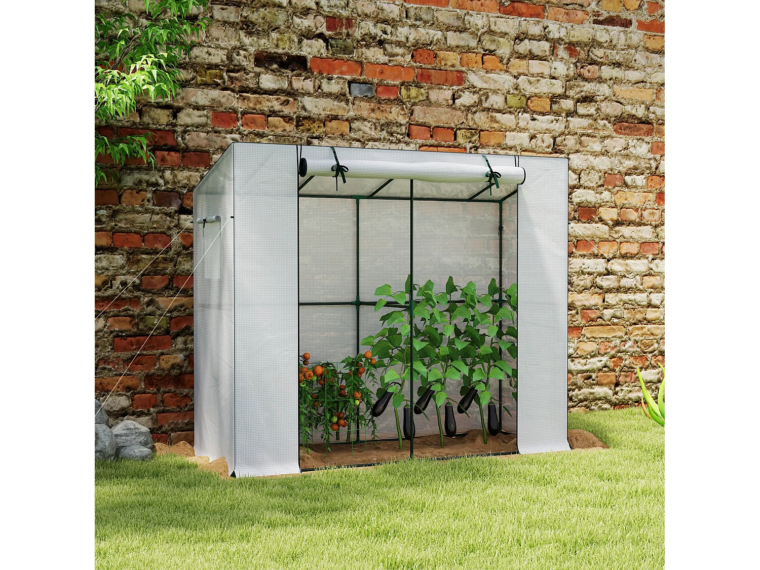 Kas met roldeur en ramen, van staal, met UV-bescherming, wit (200x76x170 cm)