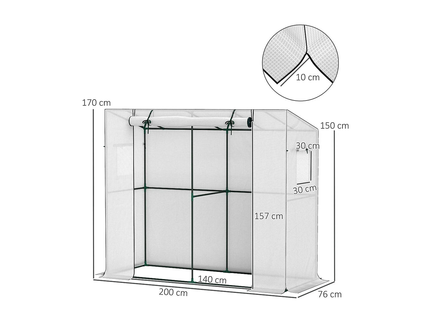Kas met roldeur en ramen, van staal, met UV-bescherming, wit (200x76x170 cm)