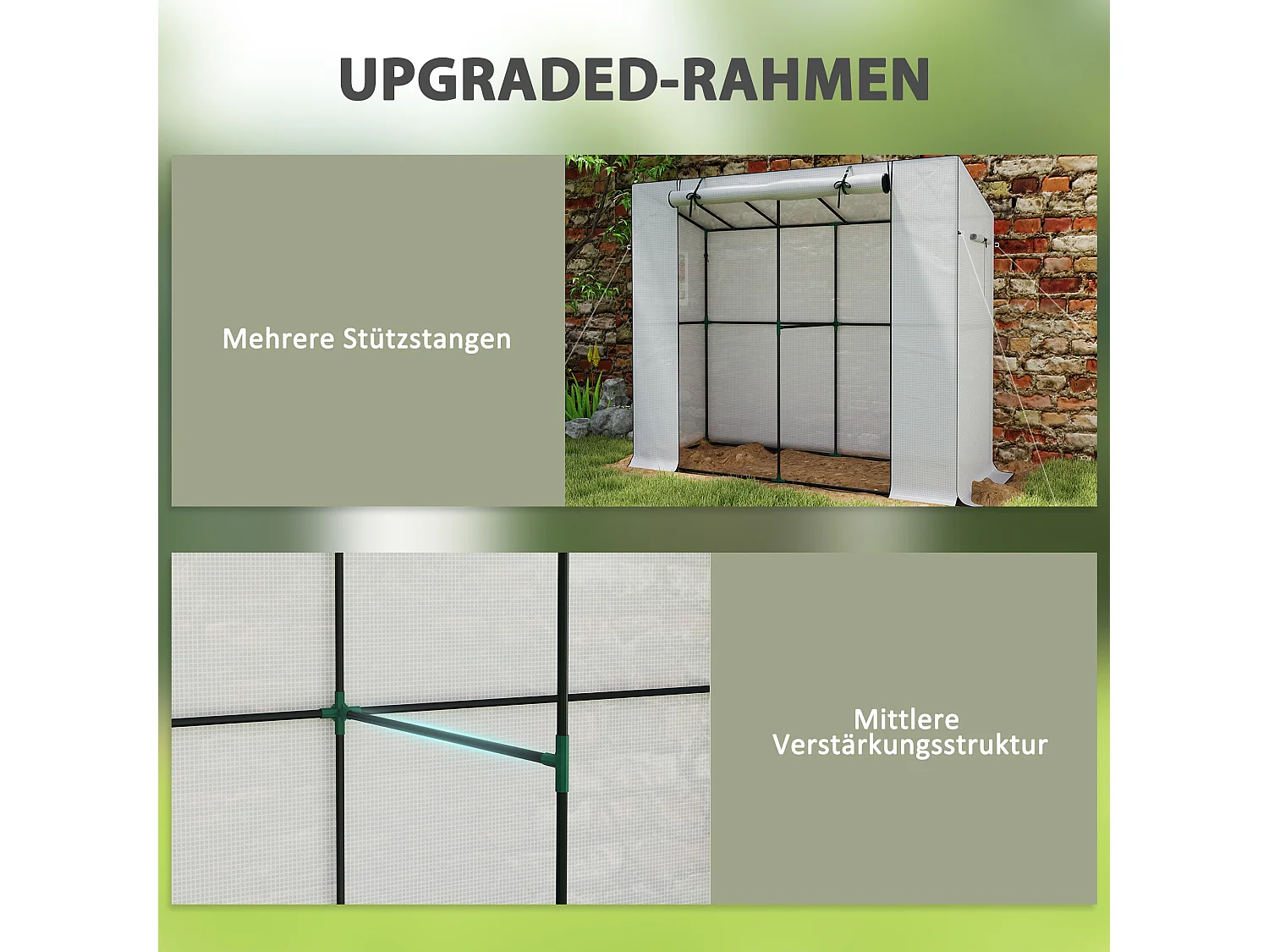 Kas met roldeur en ramen, van staal, met UV-bescherming, wit (200x76x170 cm)