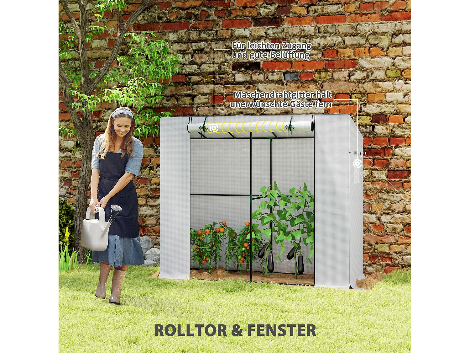 Kas met roldeur en ramen, van staal, met UV-bescherming, wit (200x76x170 cm)