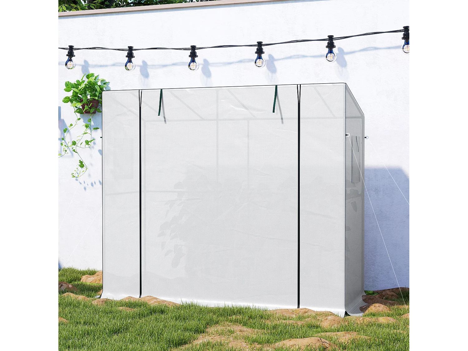 Kas met roldeur en ramen, van staal, met UV-bescherming, wit (200x76x170 cm)