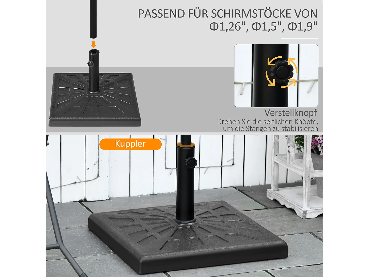 Stabiele parasolvoet van hars voor stangen Ø 32/38/48 mm zwart (51x51x32 cm)
