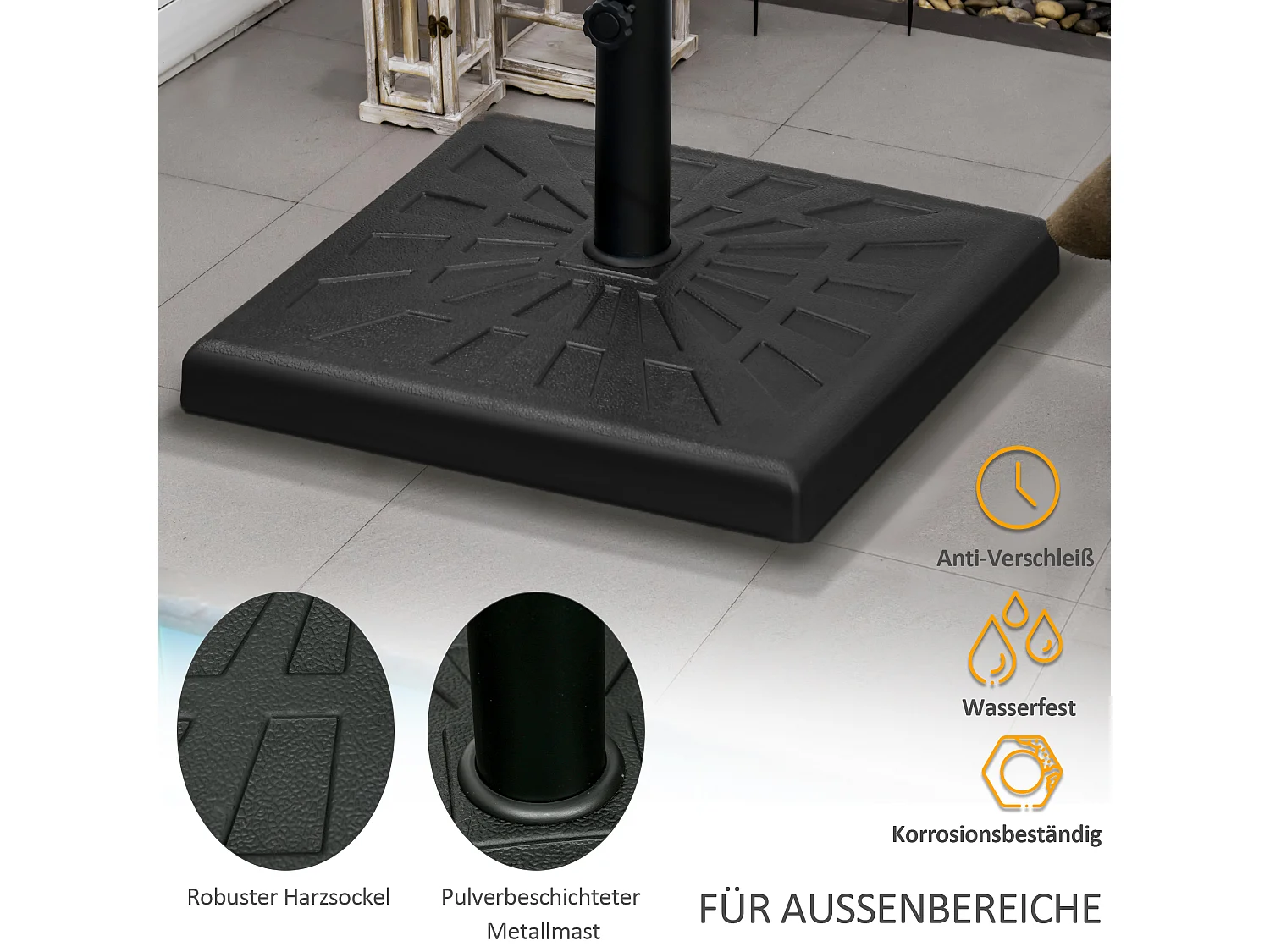 Stabiele parasolvoet van hars voor stangen Ø 32/38/48 mm zwart (51x51x32 cm)