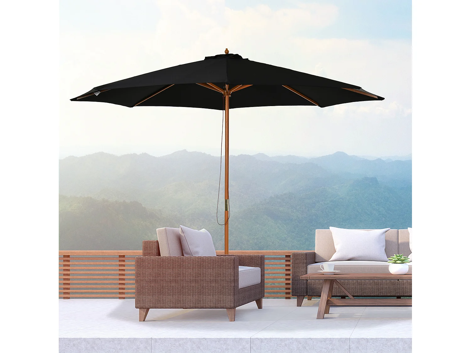 Sombrilla de madera, 300 cm, robusta y elegante, bambú, color negro, (300x300x250 cm)