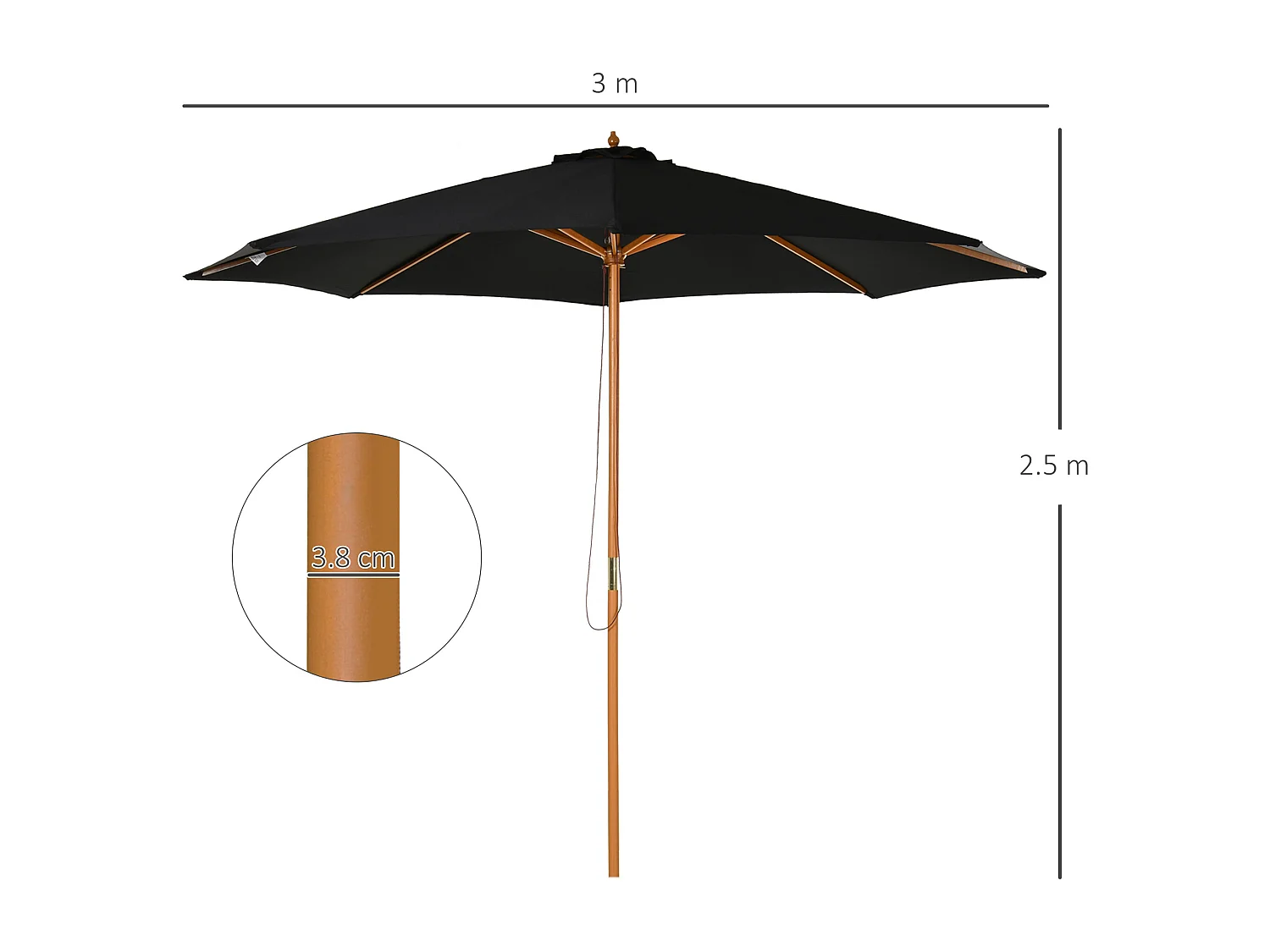 Sombrilla de madera, 300 cm, robusta y elegante, bambú, color negro, (300x300x250 cm)