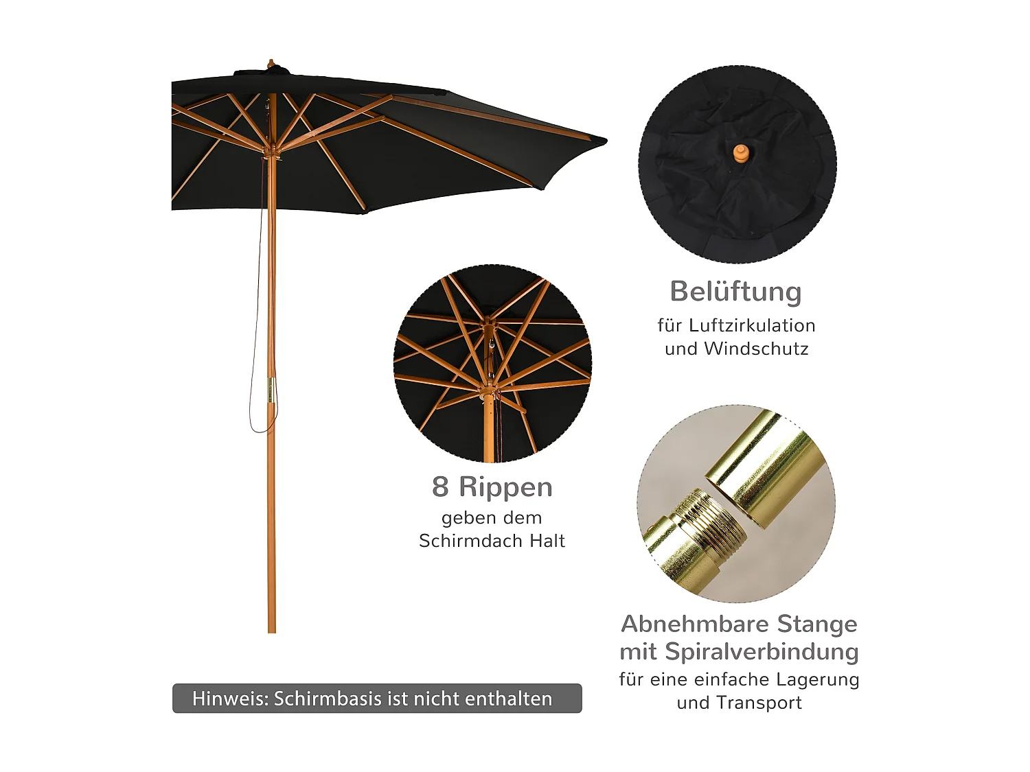 Sombrilla de madera, 300 cm, robusta y elegante, bambú, color negro, (300x300x250 cm)