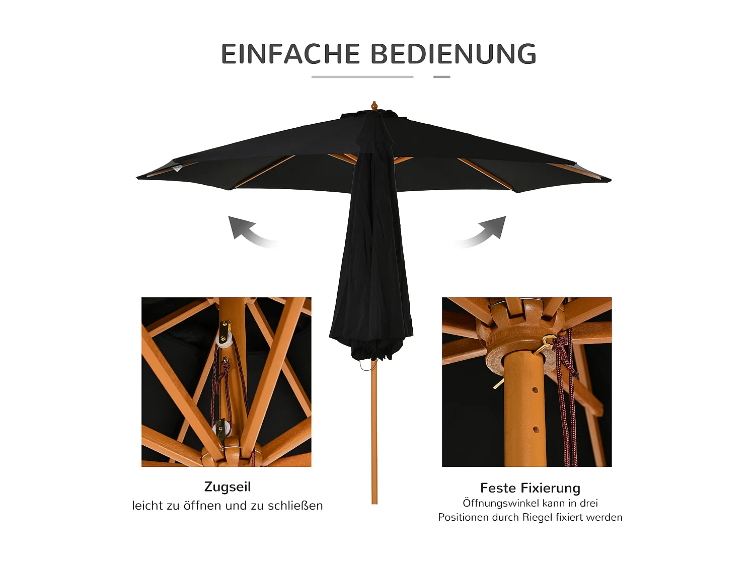 Sombrilla de madera, 300 cm, robusta y elegante, bambú, color negro, (300x300x250 cm)