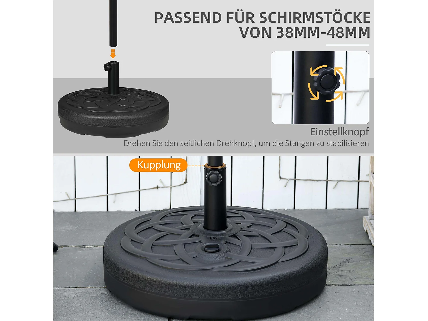 Parasolstandaard, stalen paal, vulbaar met water of zand, zwart (56x56x30,5 cm)