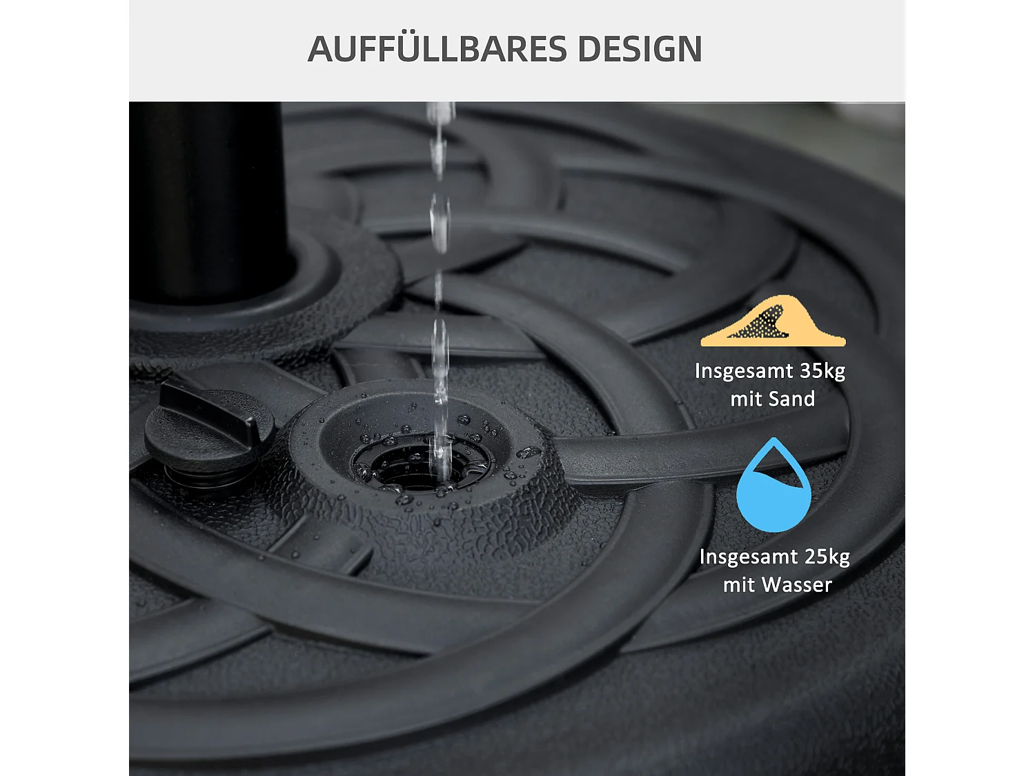 Parasolstandaard, stalen paal, vulbaar met water of zand, zwart (56x56x30,5 cm)
