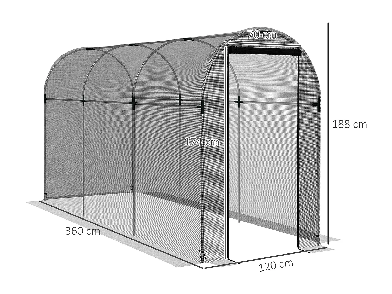 Insectennet met stalen frame, toegankelijke deur, zwart HDPE, plantenbescherming (120x360x188cm)