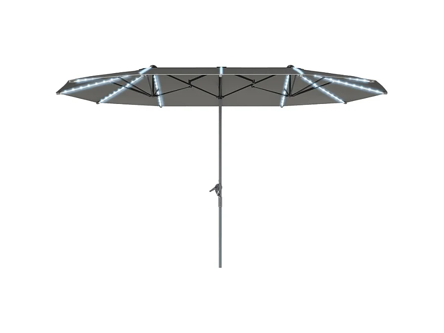 Dubbele parasol met solar LED's, polyester, aluminium, donkergrijs (451x267x249 cm)