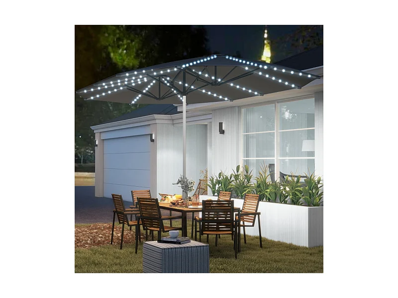 Dubbele parasol met solar LED's, polyester, aluminium, donkergrijs (451x267x249 cm)