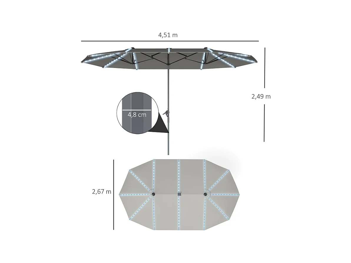Dubbele parasol met solar LED's, polyester, aluminium, donkergrijs (451x267x249 cm)