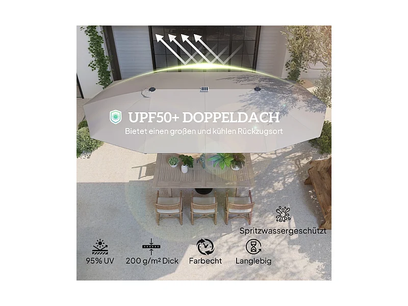 Dubbele parasol met solar LED's, polyester, aluminium, donkergrijs (451x267x249 cm)