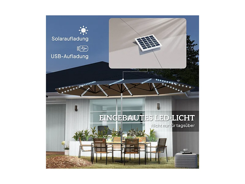 Dubbele parasol met solar LED's, polyester, aluminium, donkergrijs (451x267x249 cm)