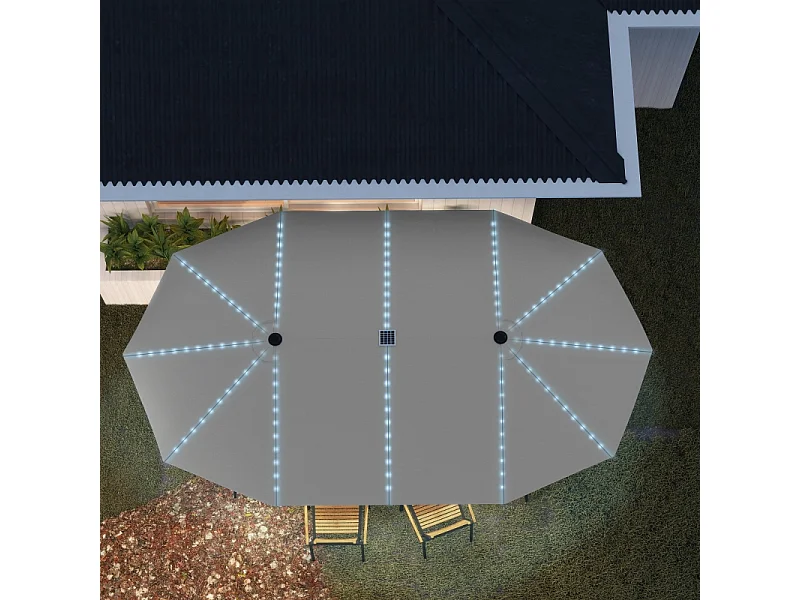 Dubbele parasol met solar LED's, polyester, aluminium, donkergrijs (451x267x249 cm)