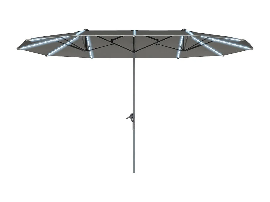 Dubbele parasol met solar LED's, polyester, aluminium, donkergrijs (451x267x249 cm)