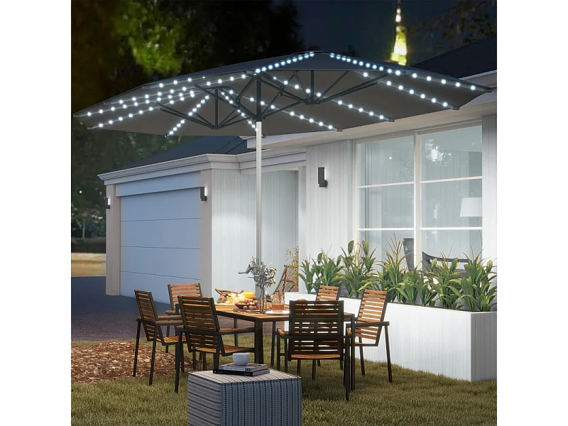 Dubbele parasol met solar LED's, polyester, aluminium, donkergrijs (451x267x249 cm)