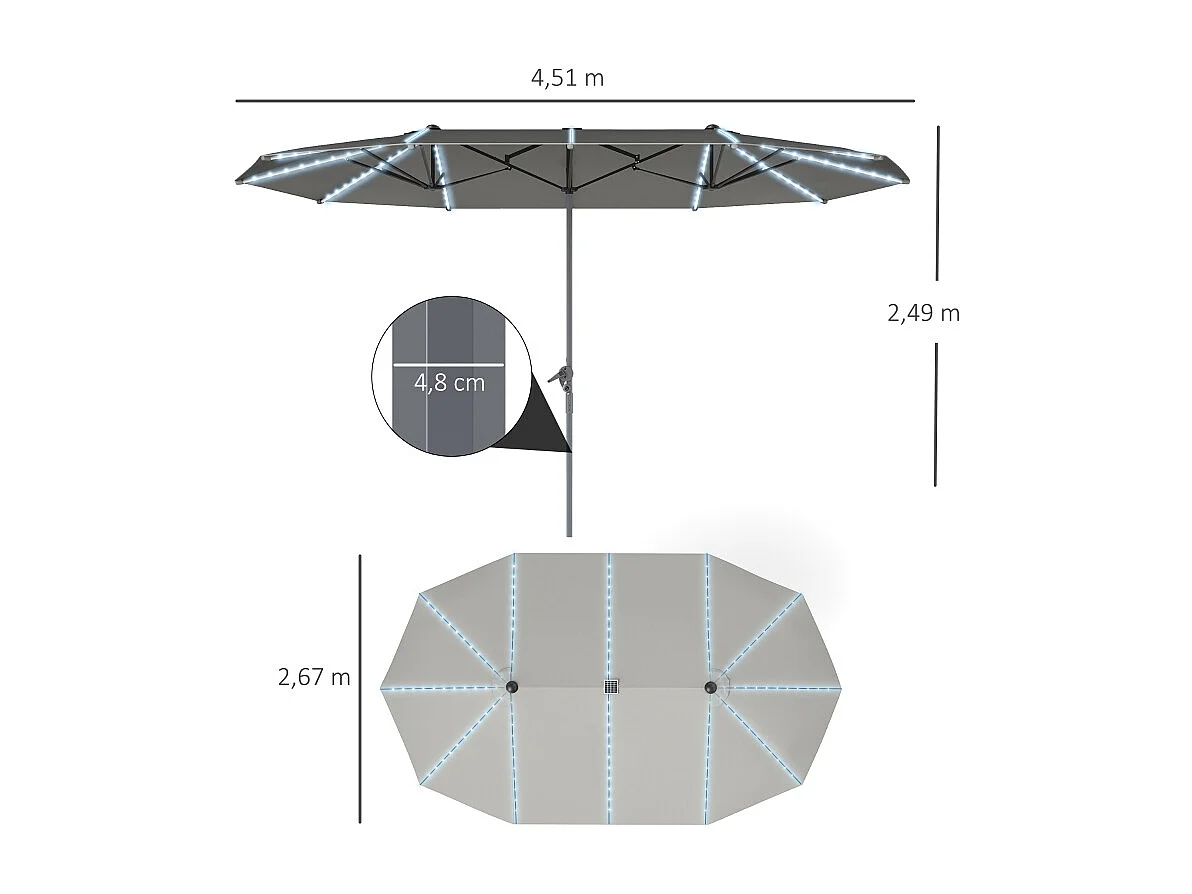 Dubbele parasol met solar LED's, polyester, aluminium, donkergrijs (451x267x249 cm)