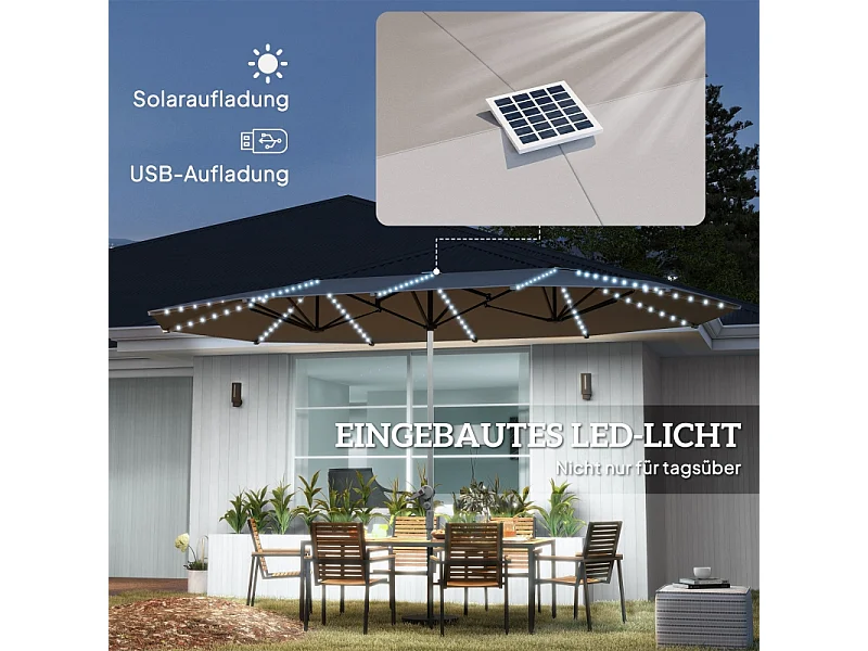 Dubbele parasol met solar LED's, polyester, aluminium, donkergrijs (451x267x249 cm)